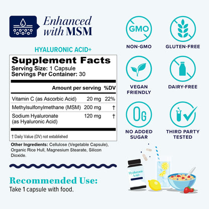 Hyaluronic Acid Capsules with MSM & Vitamin C | 120mg Sodium Hyaluronate | Skin Hydration, Elasticity & Collagen Support | Vegan, Non-GMO