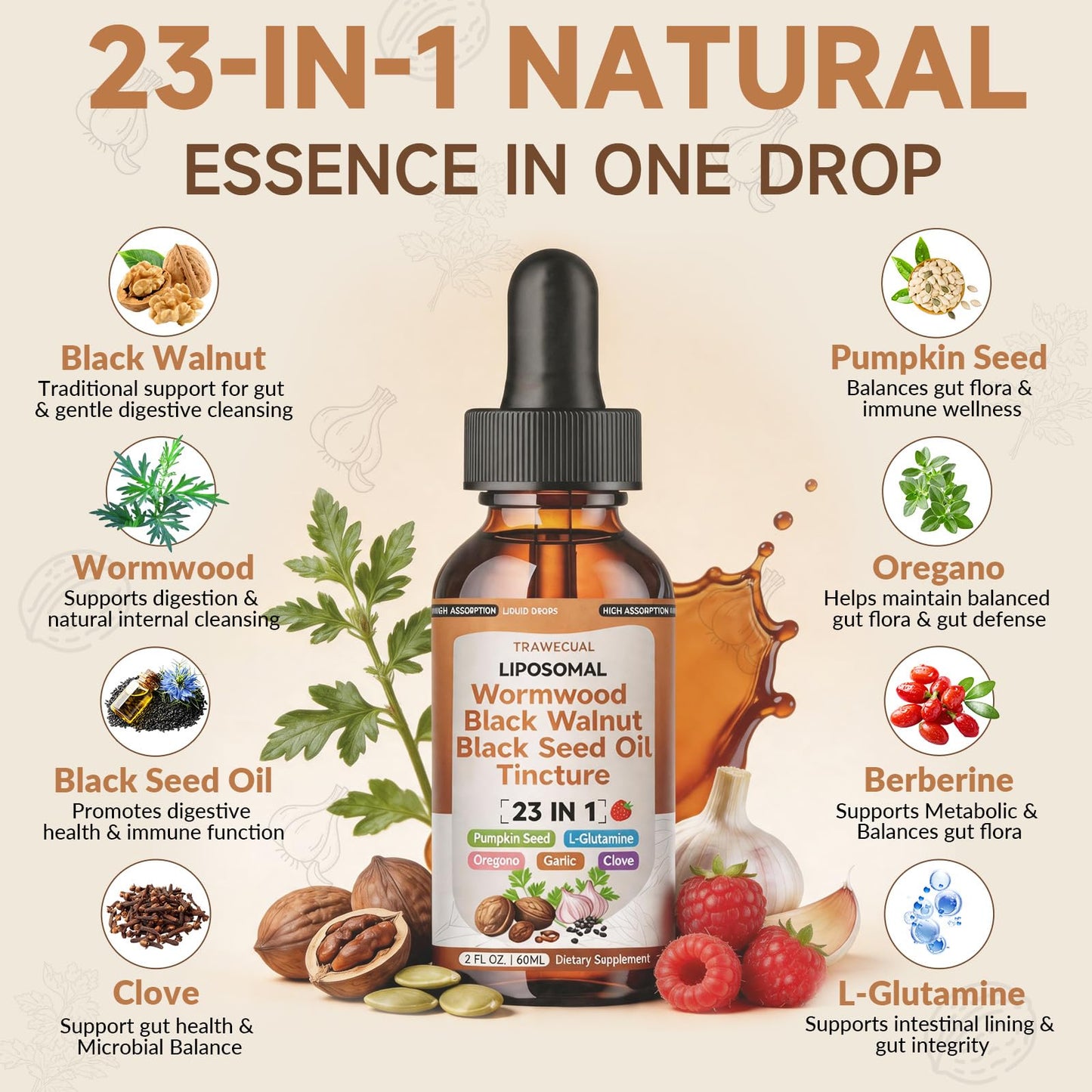 Trawecual Black Walnut Wormwood Black Seed Oil Cleanse Tincture, 23-in-1 Gentle Gut Detox & Digestive Health Support with Clove, Pumpkin Seed