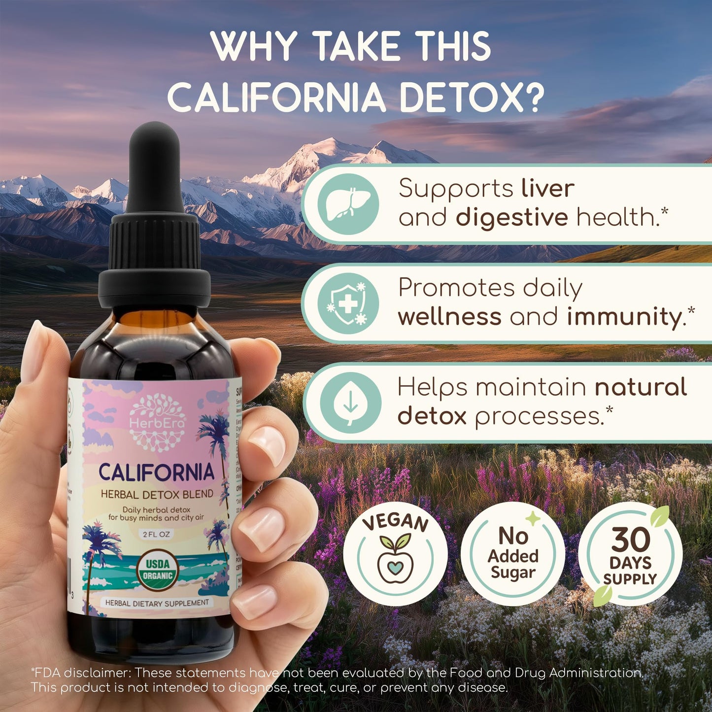 HerbEra California Herbal Detox Blend - USDA Organic Extract, Made in USA | Immune & Liver Support Liquid Drops | Burdock, Dandelion Root