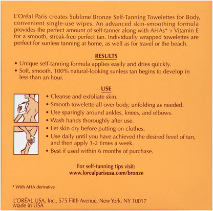 L'Oreal Paris Sublime Bronze Self Tanning Towelettes, Streak-Free, Natural Looking Tan, 6 ct