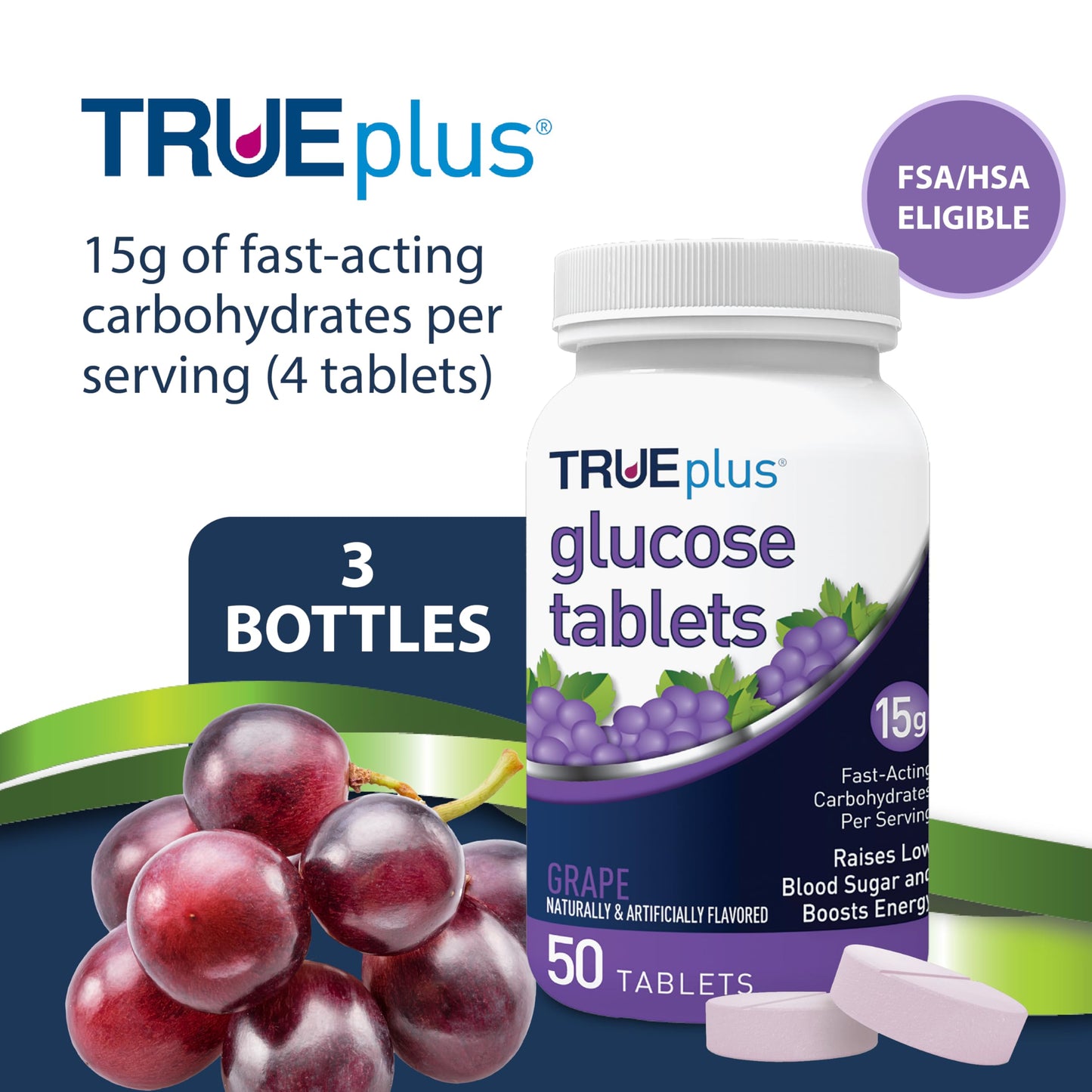 TRUEplus Glucose Tablets, Chewable, Grape Flavor, 15g Fast-Acting Carbohydrates, Fat Free, Gluten Free, Boost Energy, 50 Count, 3 Bottles