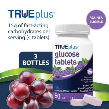 TRUEplus Glucose Tablets, Chewable, Grape Flavor, 15g Fast-Acting Carbohydrates, Fat Free, Gluten Free, Boost Energy, 50 Count, 3 Bottles