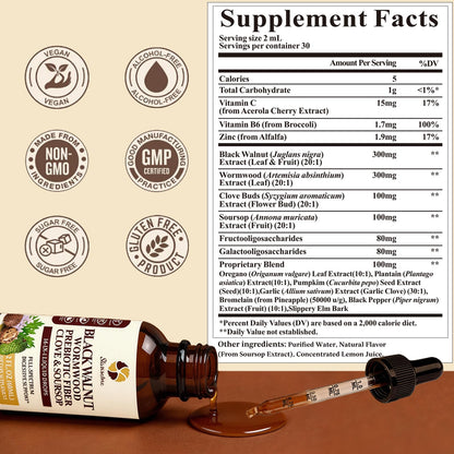 Starisetme Wormwood Black Walnut Cleanse for Humans Tincture – Max Strength Gut Health Prebiotics w/Clove, Soursop,Pumpkin Seed, Plus Vitamins, Minerals for Immune & Mood