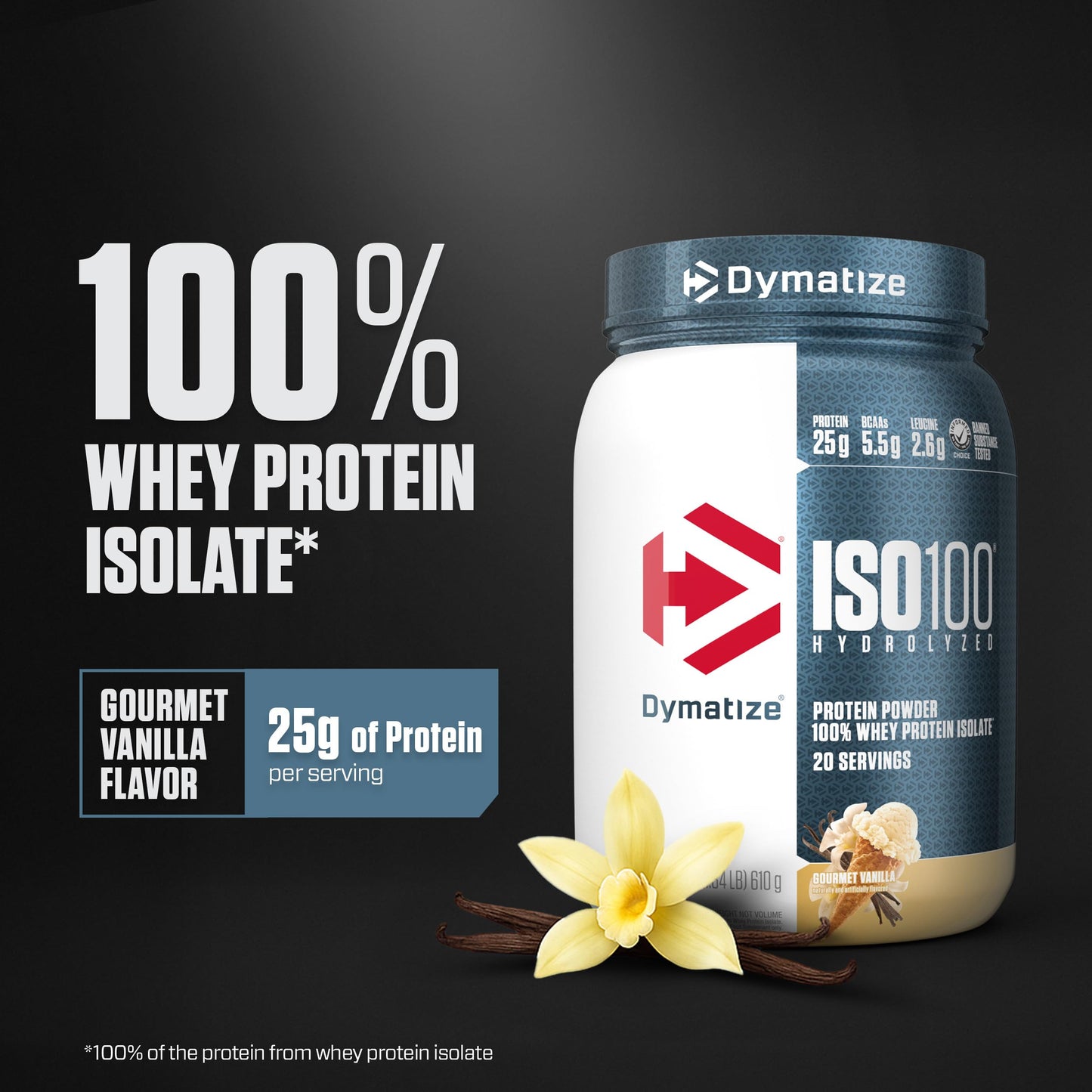 Dymatize ISO100 Whey Protein Powder Isolate, Gourmet Vanilla, 25g of Protein, 5.5g BCAAs, Less Than 120 Cal., Gluten Free