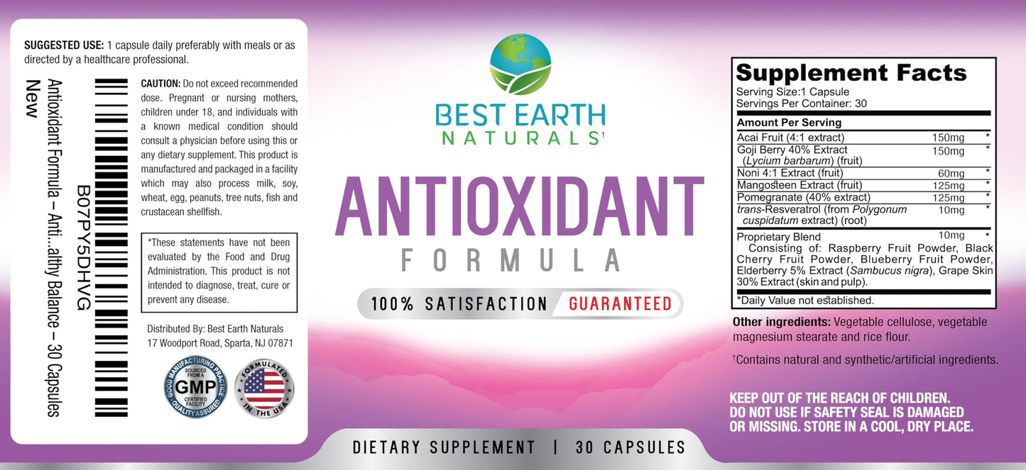 Best Earth Naturals Antioxidant Supplement with Pomegranate, Mangosteen, Goji Berry Capsules for Immune Support - 30 Day Supply