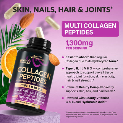 Multi Collagen Peptides - Hydrolyzed Types I, II, III, V & X - Collagen Supplement for Women 1300mg - w/ Hyaluronic Acid, Vitamins C & E - Skin, Hair