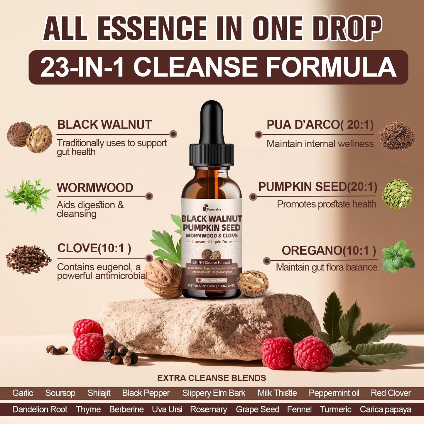Wormwood Black Walnut Clove Cleanse for Humans Drops, 23-in-1 Gut Health Support Supplement with Pumpkin Seed, Oil of Oregano etc for Detox