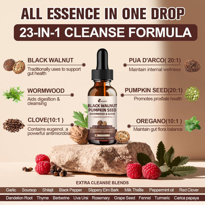 Wormwood Black Walnut Clove Cleanse for Humans Drops, 23-in-1 Gut Health Support Supplement with Pumpkin Seed, Oil of Oregano etc for Detox
