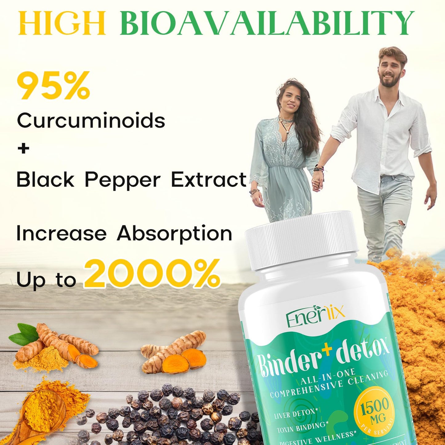Enerlix 15-in-1 Detox Binder, Activated Charcoal, Zeolite & Bentonite Clay, Chlorella, 1500 MG Detox Supplement Maximum Absorbent,