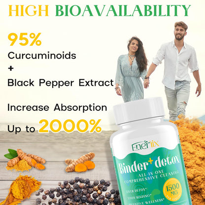 Enerlix 15-in-1 Detox Binder, Activated Charcoal, Zeolite & Bentonite Clay, Chlorella, 1500 MG Detox Supplement Maximum Absorbent,