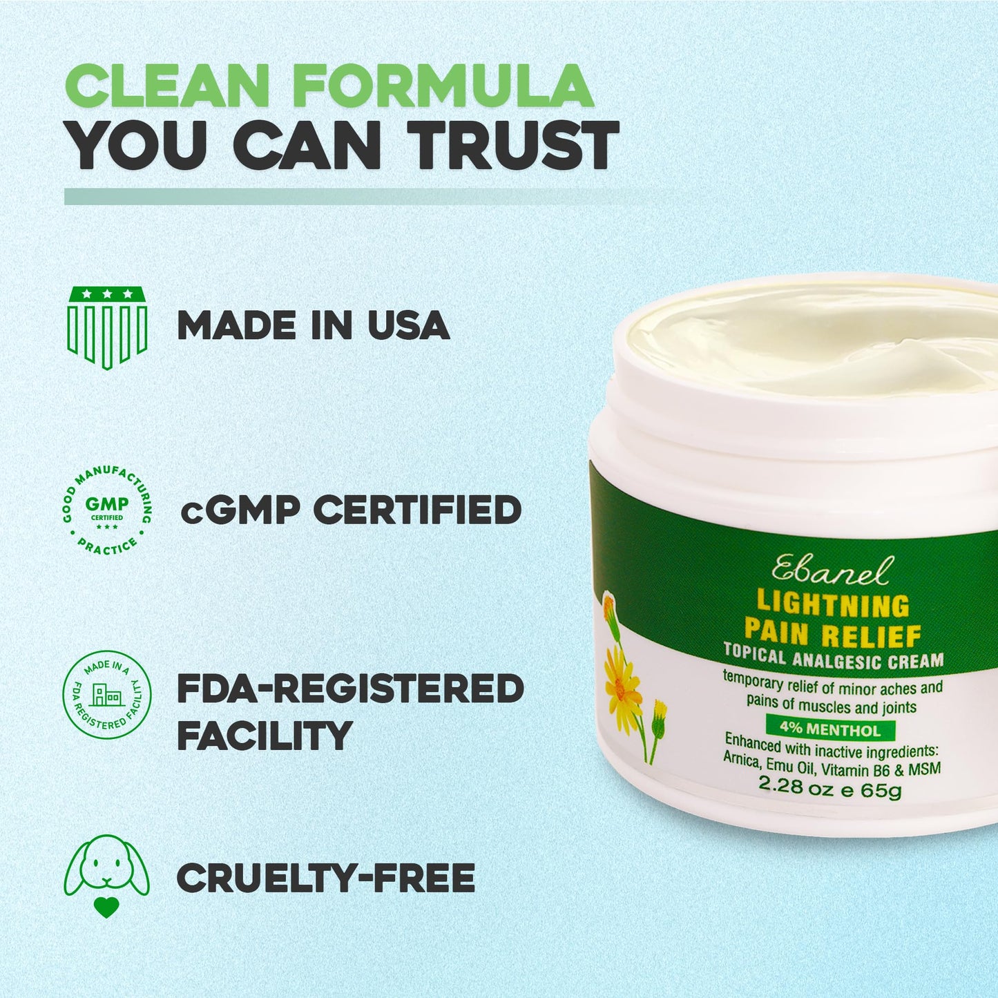 Ebanel Pain Relief Cream for Arthritis, Back, Joint, Foot, Neck, Strains & Sprains with Menthol, Camphor, Arnica, Emu Oil, MSM, Boswellia, Soothing Muscle Pain Relief Cream