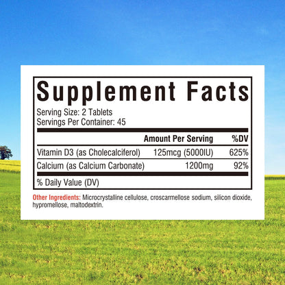 Innate Vitality Calcium 1200 mg with Vitamin D3, 5000IU Vitamin D3, Absorbable Calcium Supplement, Non GMO, No Gluten, for Bone, Immunity, 90 Tablets