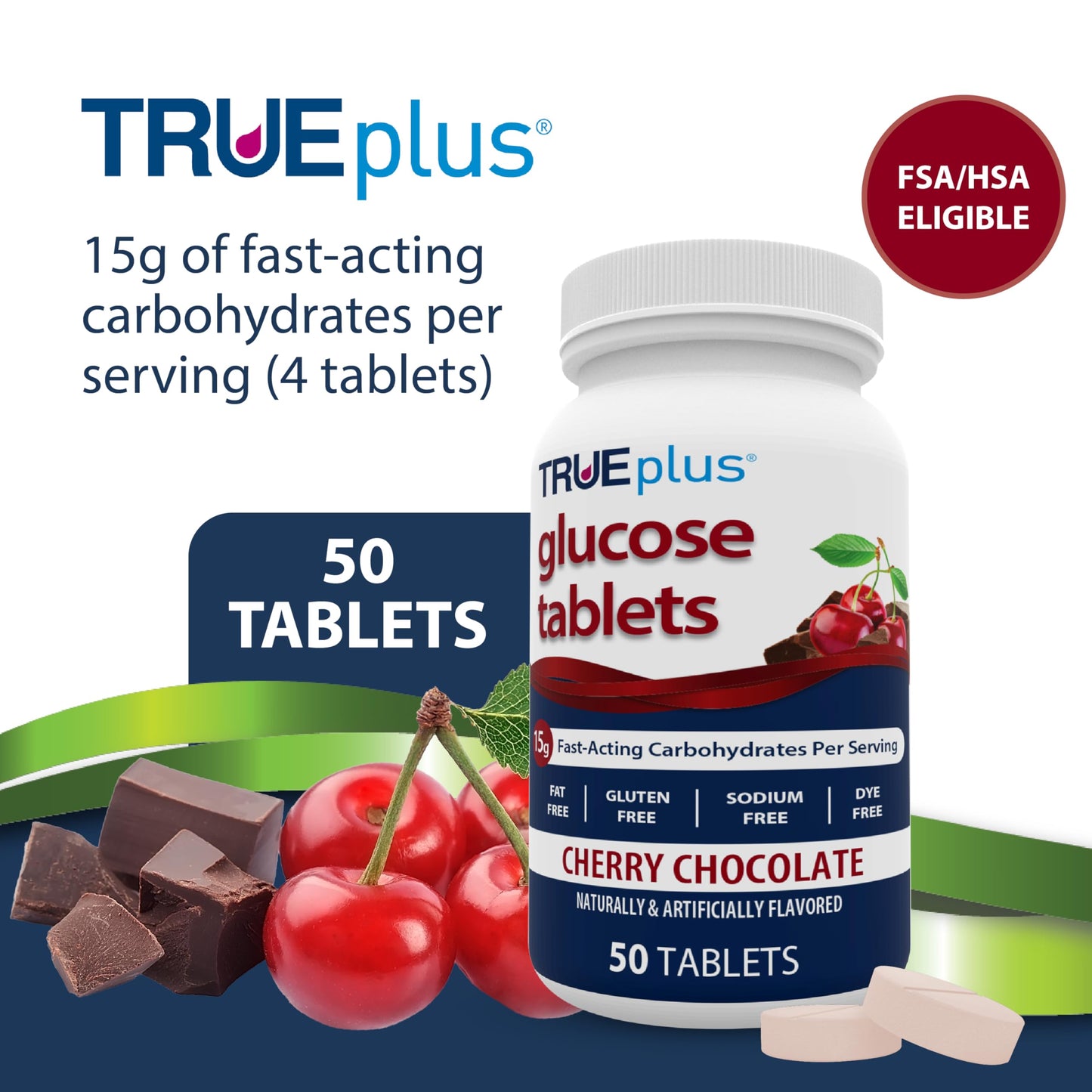TRUEplus Glucose Tablets, Chewable, Cherry Chocolate Flavor, 15g Fast-Acting Carbohydrates, Dye Free, Gluten Free, No Fat, Boost Energy, 50 Count