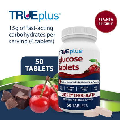 TRUEplus Glucose Tablets, Chewable, Cherry Chocolate Flavor, 15g Fast-Acting Carbohydrates, Dye Free, Gluten Free, No Fat, Boost Energy, 50 Count