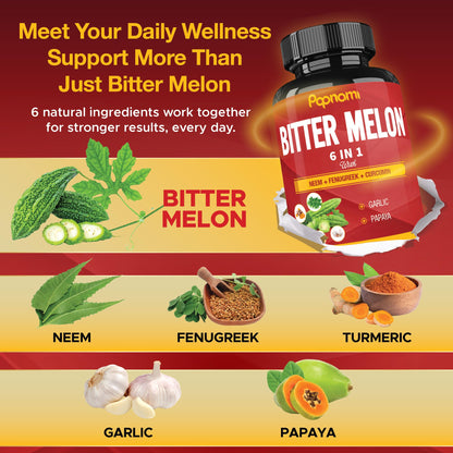 Organic Bitter Melon Extract Capsules - Combined Neem, Fenugreek, Curcumin, Garlic & Papaya - 150 Count for 5 Months - Supports Body, Digestive