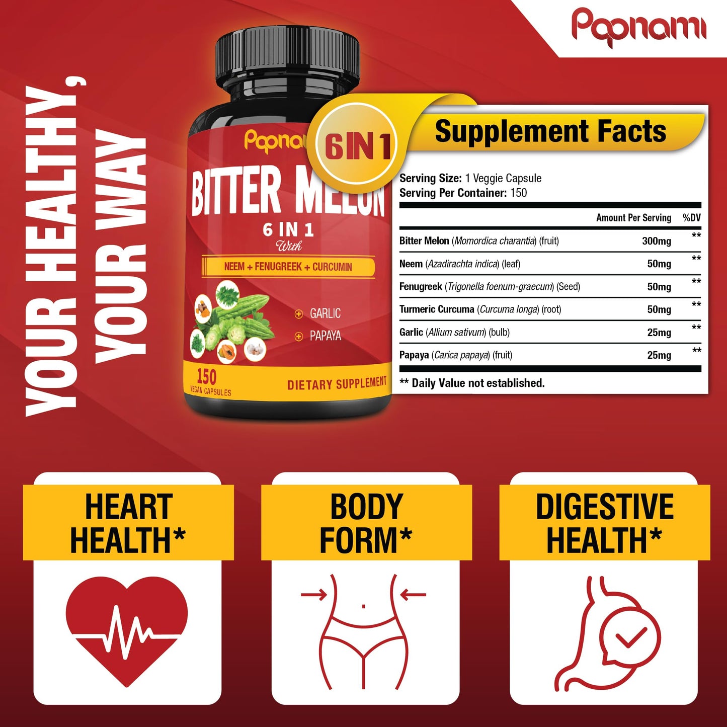 Organic Bitter Melon Extract Capsules - Combined Neem, Fenugreek, Curcumin, Garlic & Papaya - 150 Count for 5 Months - Supports Body, Digestive