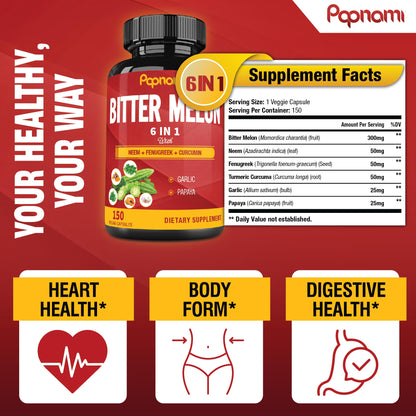 Organic Bitter Melon Extract Capsules - Combined Neem, Fenugreek, Curcumin, Garlic & Papaya - 150 Count for 5 Months - Supports Body, Digestive