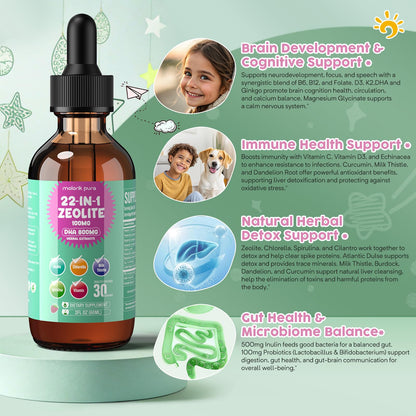 Zeolite Detox for Kids and Adults, Herbal Detox with 800mg DHA, 500mg Inulin, Probiotics & Vitamin B12, D3, C, B6, Cilantro Extract Cleanse to Support Brain,