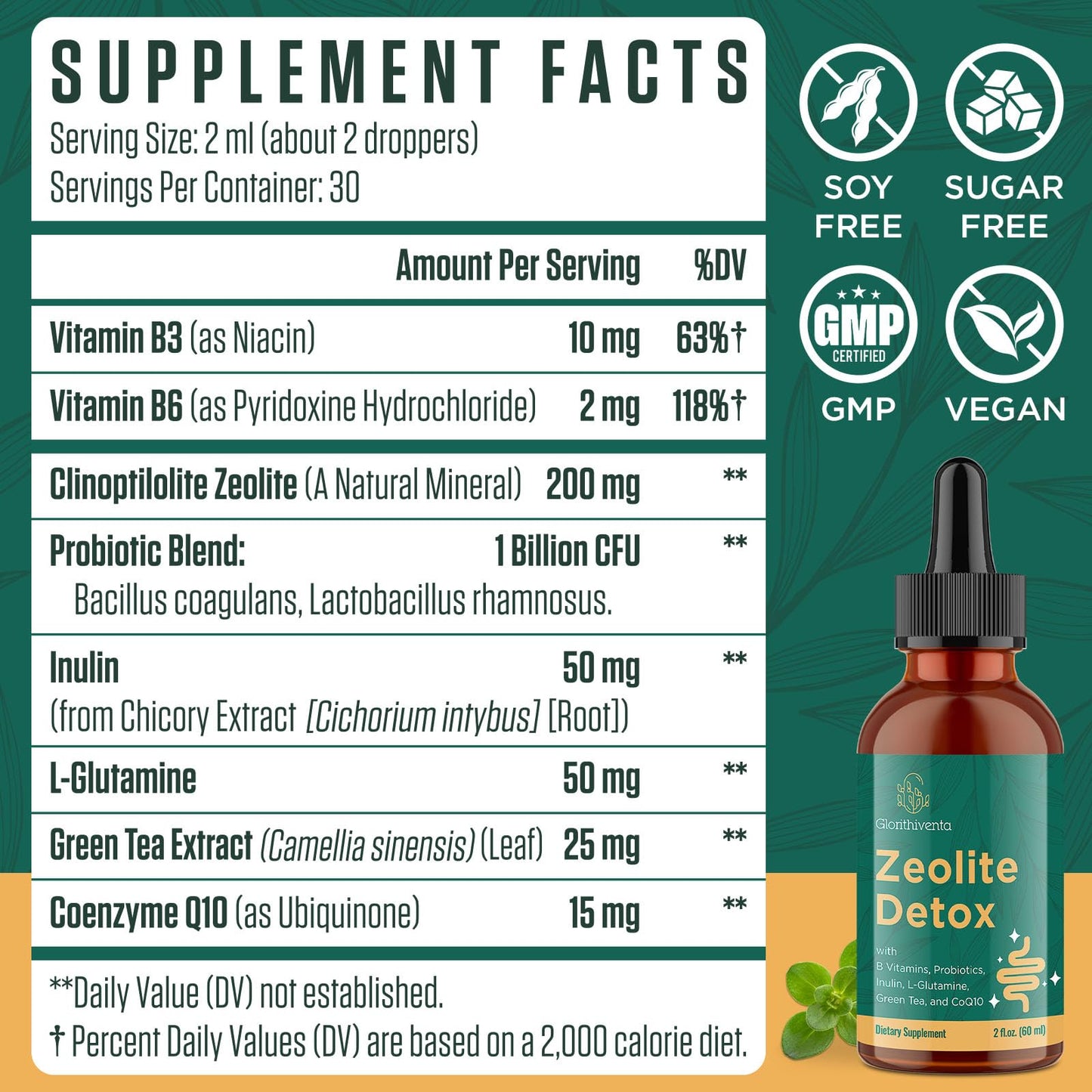 Glorithiventa Zeolite Detox for Adults, Zeolite Liquid Drops with Vitamin B, Probiotic Blend - Energy, Gut, Focus - 2 Fl Oz (1 Bottle)