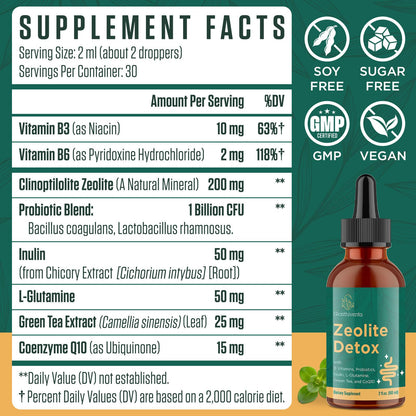Glorithiventa Zeolite Detox for Adults, Zeolite Liquid Drops with Vitamin B, Probiotic Blend - Energy, Gut, Focus - 2 Fl Oz (1 Bottle)