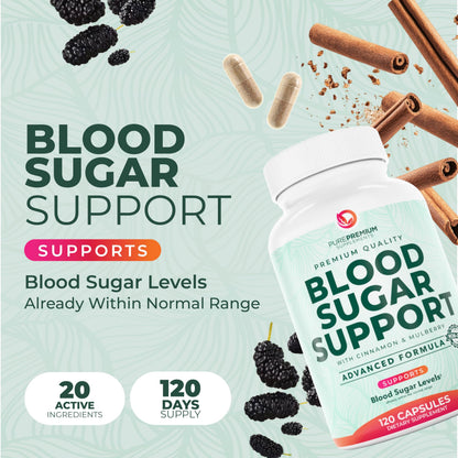 PurePremium Normal Blood Sugar Support Supplement - 20 Active Ingredients Complex to Support Blood Sugar Levels Already in The Normal Range - with Cinnamon