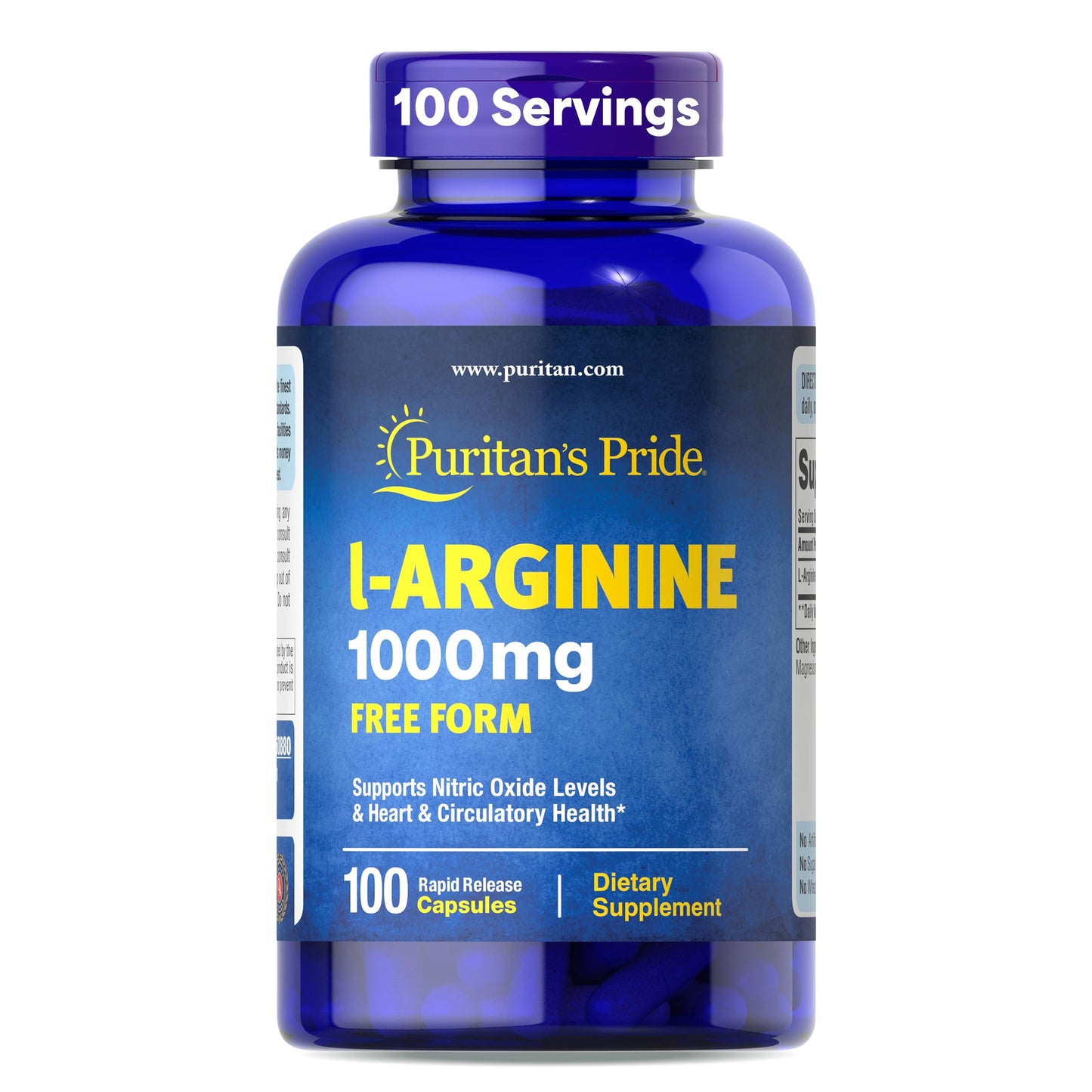Puritan's Pride L-Arinine 1000mg, Dietary Supplement Supports Nitric Oxide Levels and Heart and Circulatory Heath, 100 Day Supply, 100 Tablets