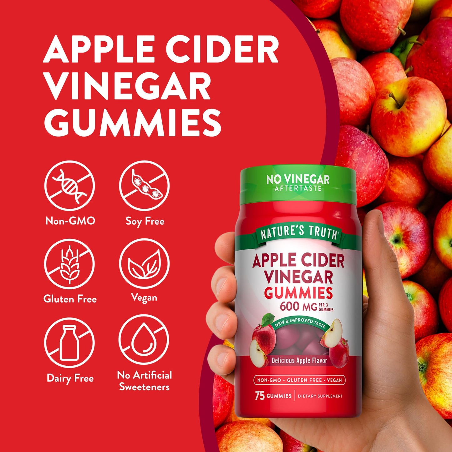 Nature's Truth Apple Cider Vinegar Gummies | 600 mg | 75 Gummies | Apple Flavor | Vegan, Non-GMO, Gluten Free Supplement.