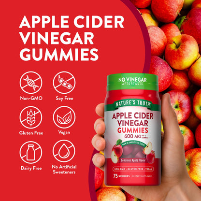 Nature's Truth Apple Cider Vinegar Gummies | 600 mg | 75 Gummies | Apple Flavor | Vegan, Non-GMO, Gluten Free Supplement.