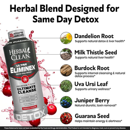 Herbal Clean Same Day Ultra Eliminex Detox Cleanse Drink* (32 fl oz) - Tropical Fruit Flavor Full Body Cleanse Detox Drink with Milk Thistle Seed* for high Toxin*, Vitamin B12 for Men & Women