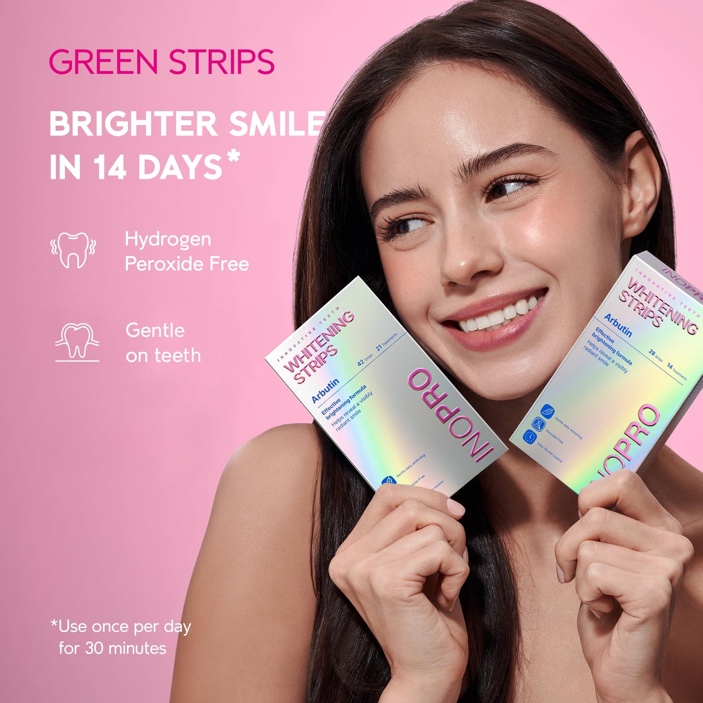 InoPro Teeth Whitening Strips 14 Treatments Kit - Enamel Safe Teeth Whitener, Peroxide-Free, Green White Strips