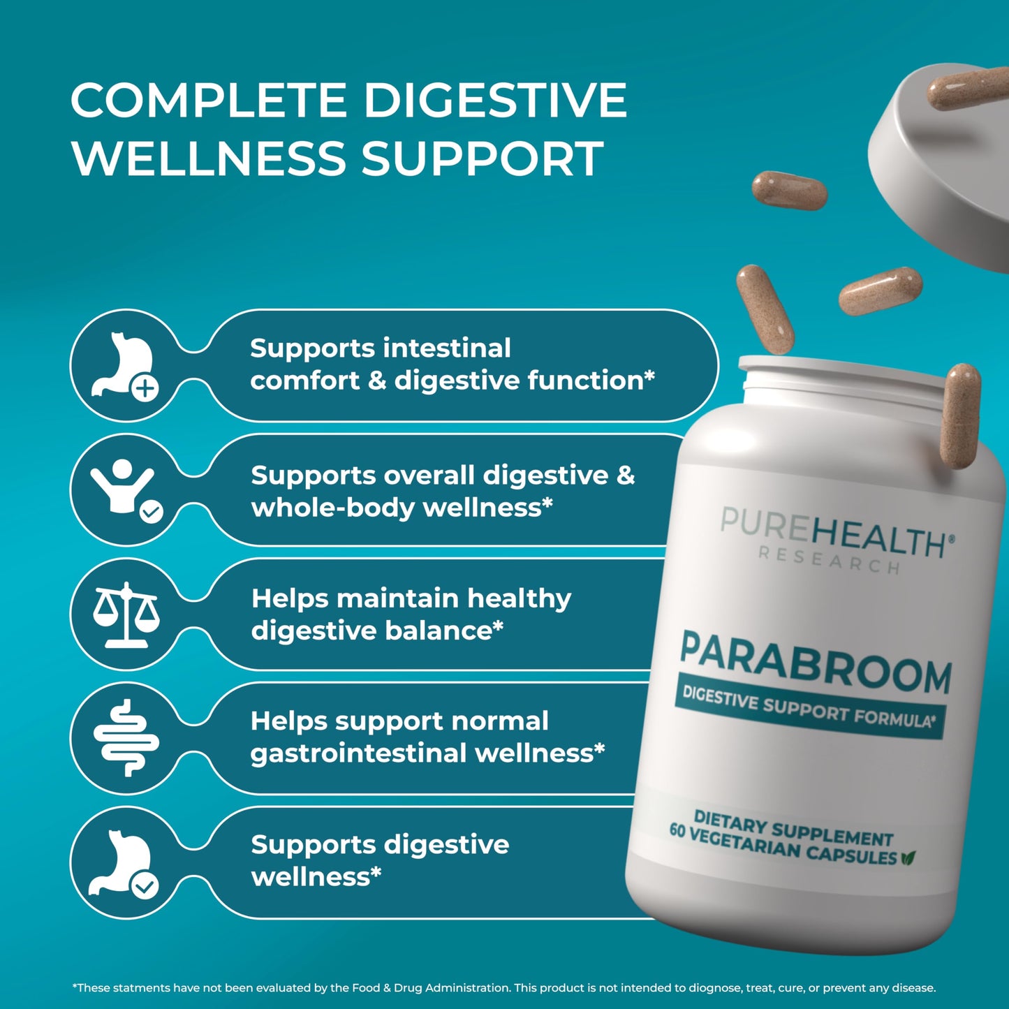 PUREHEALTH RESEARCH Parabroom - Gut Cleanse & Health Supplement - with Black Walnut, Sweet Wormwood Powder, Turmeric Extract, Olive Leaf, Garlic & Onion
