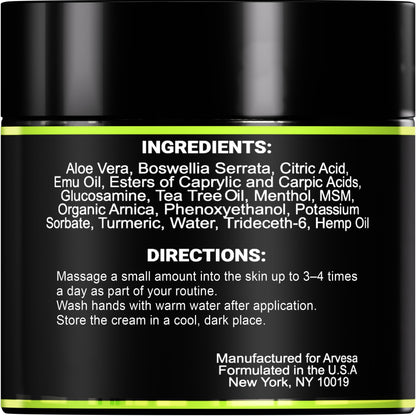 Natural Hemp Cream - Maximum Strength Gel - Hemp Cream with Arnica, MSM, Glucosamine, Menthol, Aloe, Turmeric, Boswellia - Fast Absorption, Non-Greasy, Lightweight - Advanced Formula - 4 oz ArvesaBuy Supplements Australia