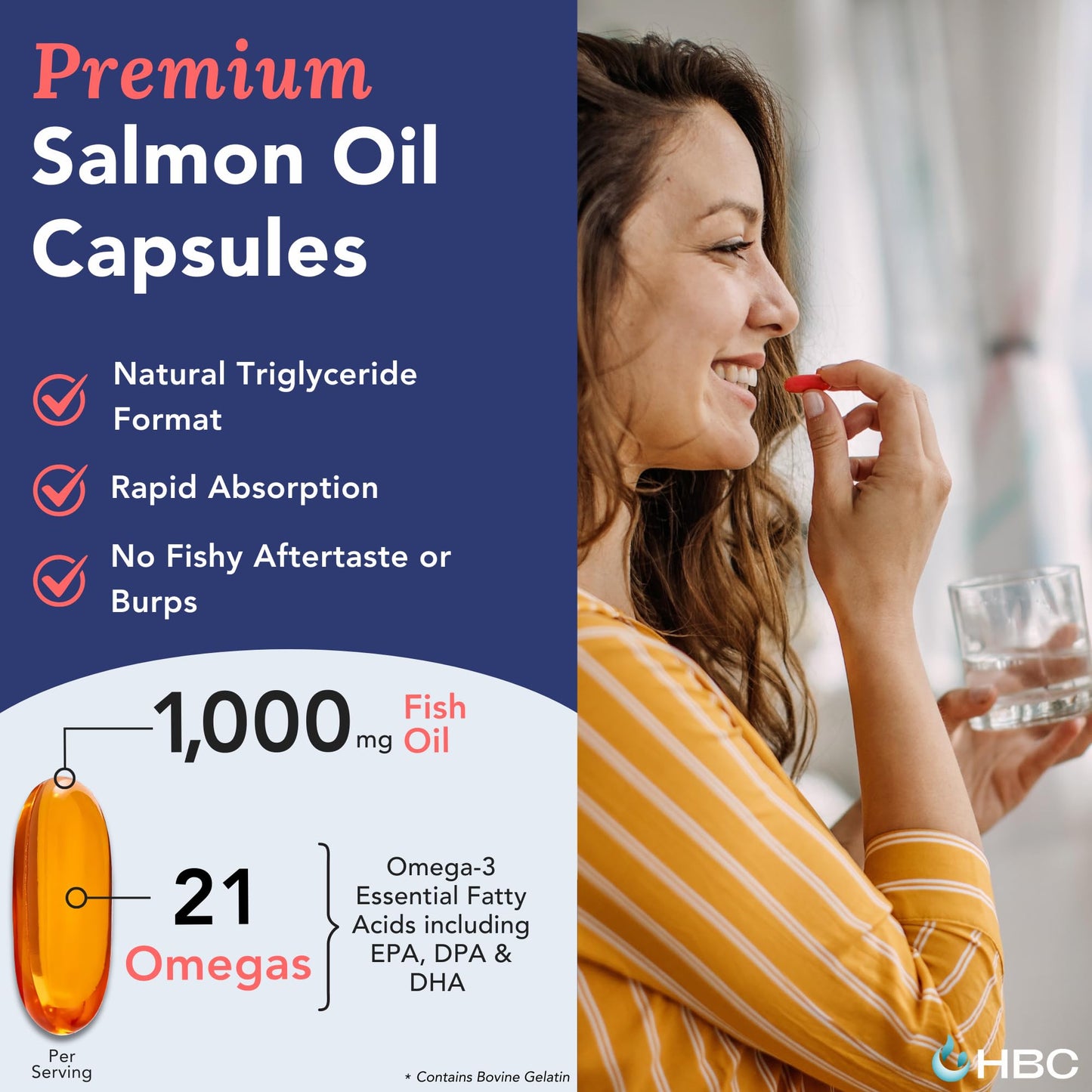 High Strength Omega 3 Fish Oil - 1000mg, Norwegian Salmon Oil with EPA & DHA, No Burping or Aftertaste, Omega 3 Fatty Acids Supplement for Eye