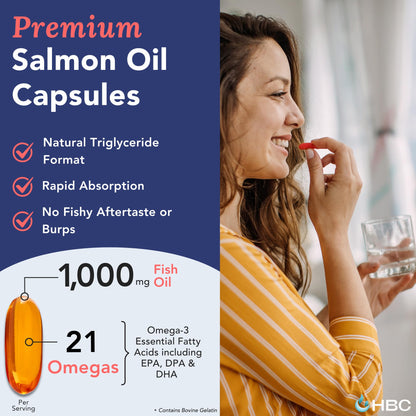 High Strength Omega 3 Fish Oil - 1000mg, Norwegian Salmon Oil with EPA & DHA, No Burping or Aftertaste, Omega 3 Fatty Acids Supplement for Eye