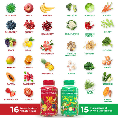 Balance of Nature Fruits & Veggies Supplements - Whole Fruit and Vegetable Ingredients for Women, Men, and Kids - 90 Fruits Capsules