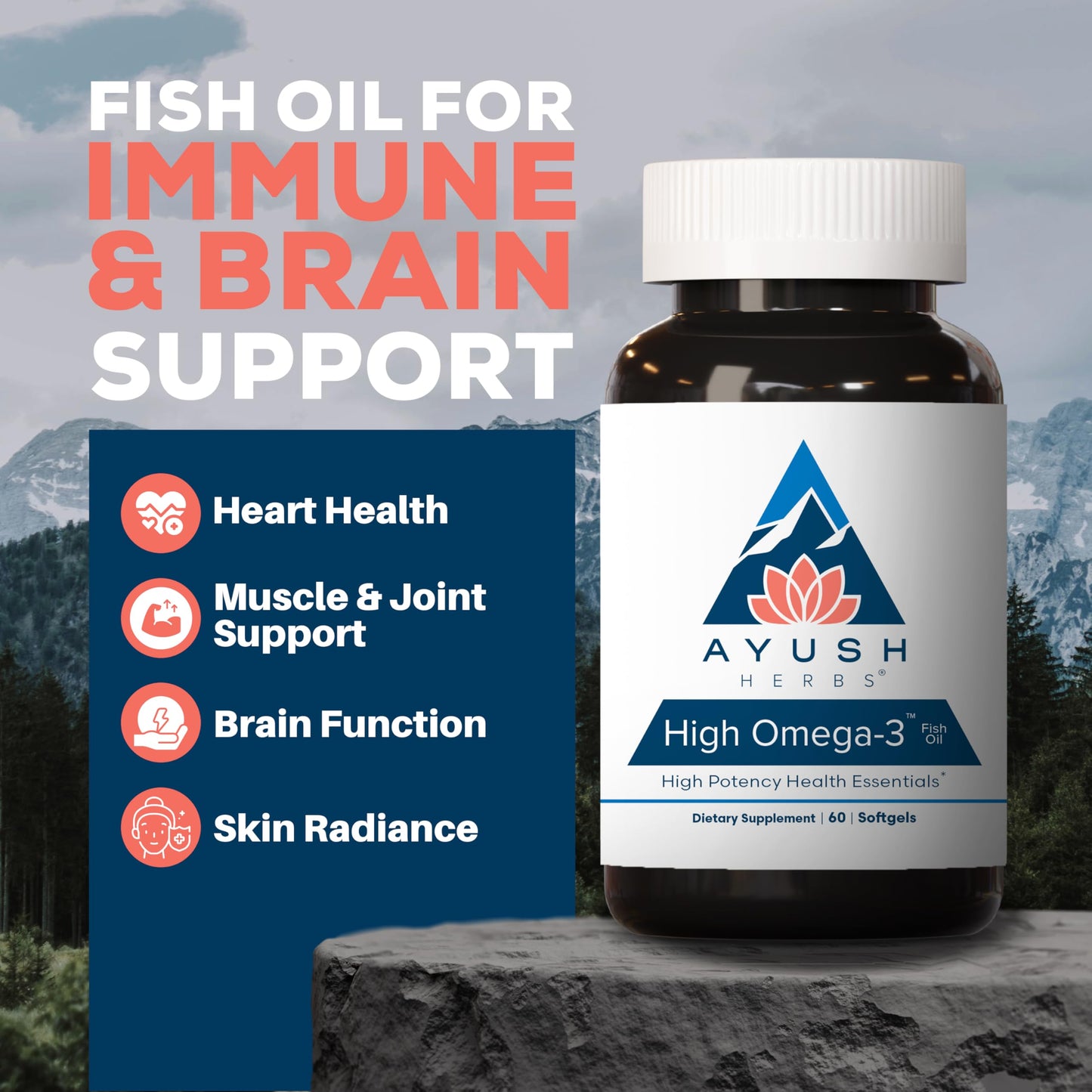 Ayush Herbs High Omega 3 - Omega 3 Fish Oil, 1000mg Per Capsule, EPA & DHA Fish Oil Supplement for Women & Men,