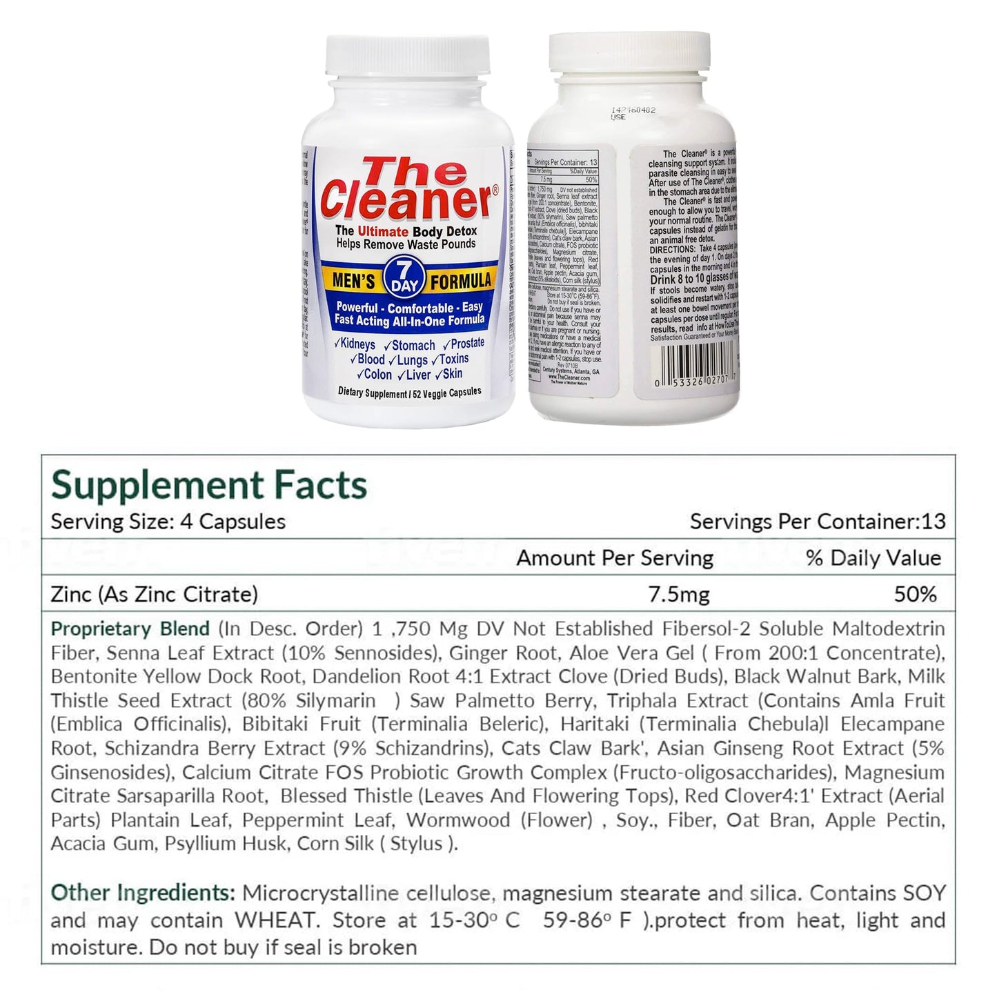 Century Systems The Cleaner Detox, Powerful 7-Day Complete Internal Cleansing Formula for Men, Support Digestive Health, 52 Vegetarian Capsules