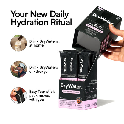 DryWater® Electrolyte + Vitamin Hydration Powder Packets – Mixed Berry, 1,000mg Potassium, Real Organic Fruit, NSF Certified for Sport,