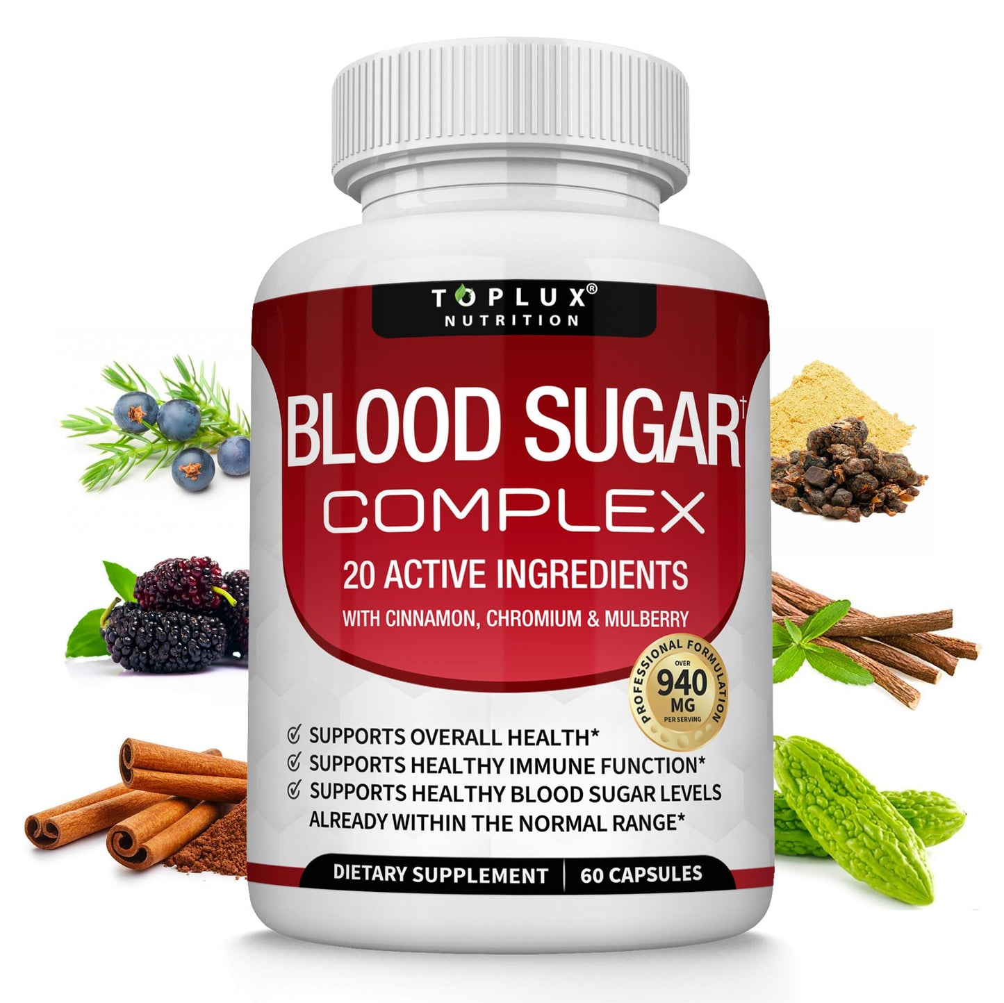 Blood Sugar Complex Supplement - Supports Healthy Blood Sugar Levels Already Within Normal Range All Natural with Cinnamon, Bitter Melon, Chromium, Mulberry, Al
