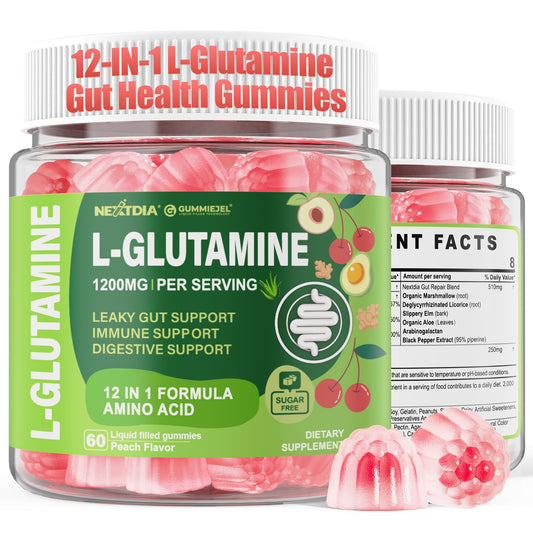 Nextdia L-Glutamine 1200mg Gummies for Gut & Immune Support – Leaky Gut Repair with Slippery Elm, Marshmallow Root, Ginger, Aloe, Vitamin C D3