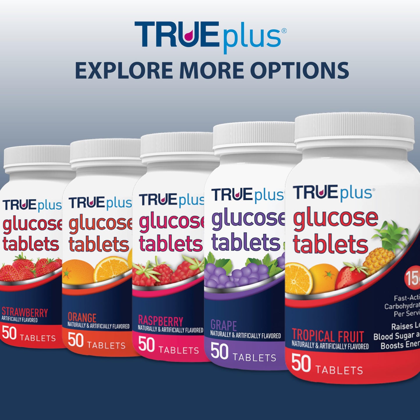 TRUEplus Glucose Tablets, Chewable, Cherry Chocolate Flavor, 15g Fast-Acting Carbohydrates, Dye Free, Gluten Free, No Fat, Boost Energy, 50 Count