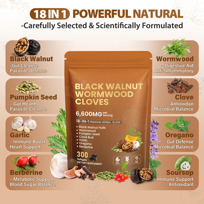 18-in-1 Wormwood Black Walnut Clove Parasite Cleanse | Gut Cleanse & Detox ,Digestive Balance with Garlic, Turmeric, Pumpkin Seed, Oregano