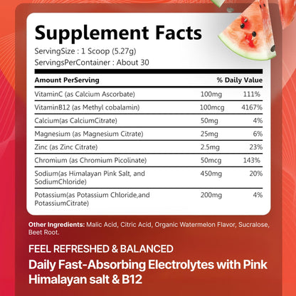 Rosabella Electrolyte Drink Powder – Watermelon – Sugar-Free Hydration Drink Mix – Electrolytes Powder with Sodium, Potassium, Magnesium, Calcium