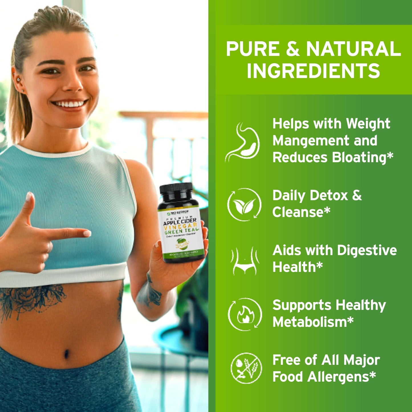 TRIO NUTRITION Apple Cider Vinegar Capsules with Green Tea - Natural Sugar Free Apple Cider Vinegar Pills with the Mother for Body Cleanse, Immune