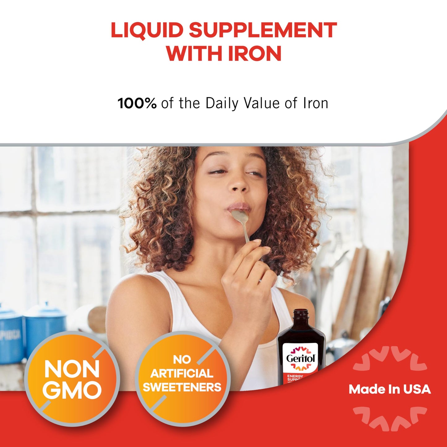 Geritol Liquid Vitamin and Iron Supplement, Energy Support Vitamins, Contains High Potency B-Vitamins and Iron, Easy to Swallow,