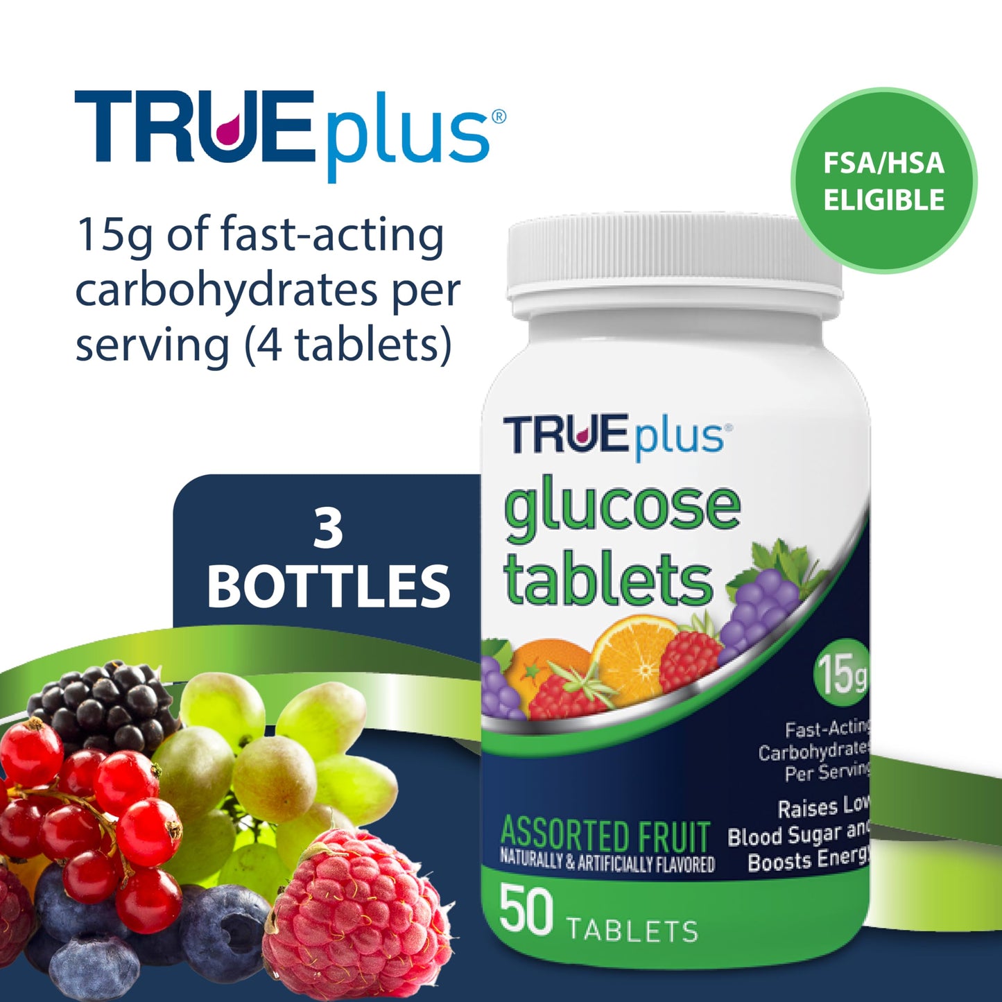 TRUEplus Glucose Tablets, Chewable, Grape, Raspberry, Orange Flavors, 15g Fast-Acting Carbohydrates, Fat Free, Gluten Free, Boost Energy, 50 Count