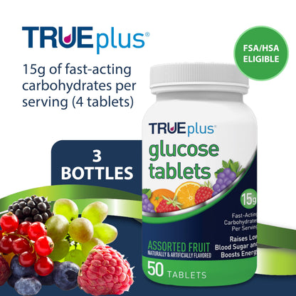 TRUEplus Glucose Tablets, Chewable, Grape, Raspberry, Orange Flavors, 15g Fast-Acting Carbohydrates, Fat Free, Gluten Free, Boost Energy, 50 Count