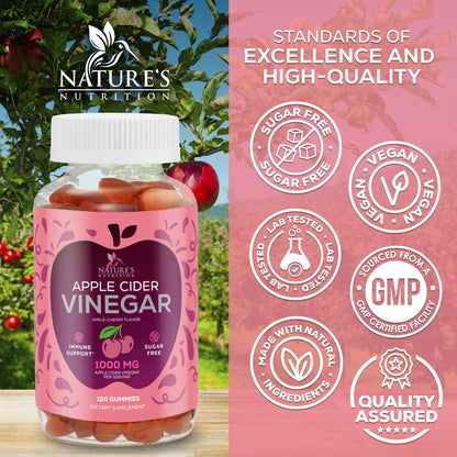 Apple Cider Vinegar Gummies 1000mg Per Serving - Sugar Free ACV Gummy Vitamins Supplement - Vitamin B12 & B6 for Energy - Digestion, Detox & Cleanse Support, Vegan