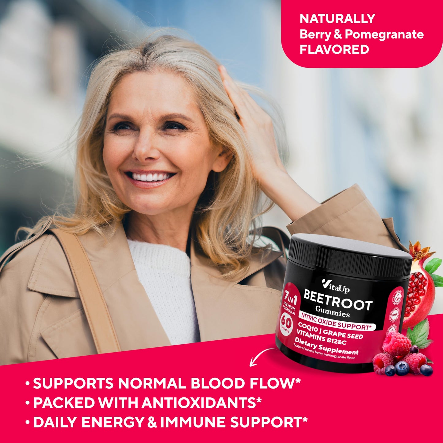 VitaUp Beet Root Gummies – Beetroot Gummies with CoQ10, Grape Seed, Vitamin C, B12 & B3 – Nitric Oxide Gummies for Circulation Support – Beet Supplement for Energy