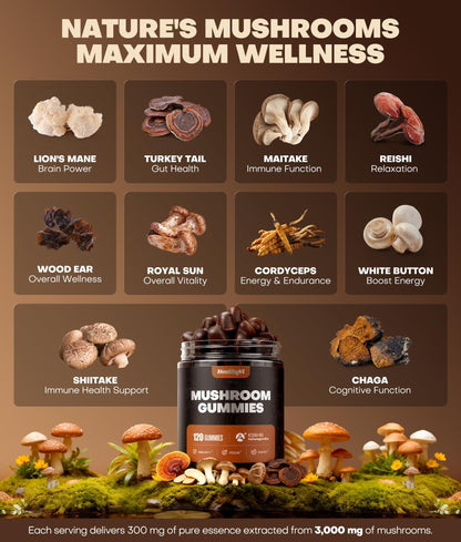 10-In-1 Mushroom Gummies with KSM-66 Ashwagandha & Magnesium Threonate Boosts Focus, Memory & Cognitive, 120 Ct Mushroom Supplement with Vitamin D3 & B12